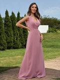 A-Line/Princess Chiffon Ruched V-neck Sleeveless Floor-Length Bridesmaid Dresses Formal Evening Dress