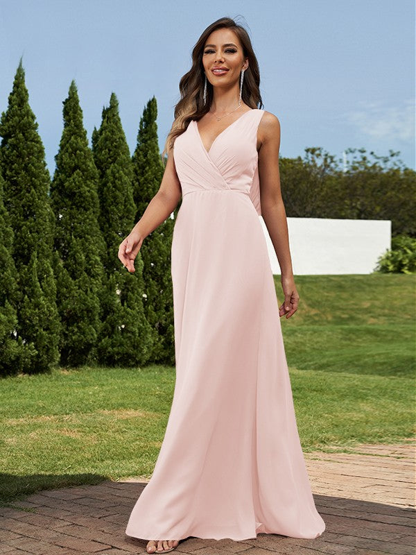 A-Line/Princess Chiffon Ruched V-neck Sleeveless Floor-Length Bridesmaid Dresses Formal Evening Dress