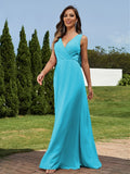 A-Line/Princess Chiffon Ruched V-neck Sleeveless Floor-Length Bridesmaid Dresses Formal Evening Dress