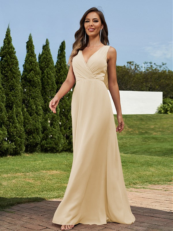 A-Line/Princess Chiffon Ruched V-neck Sleeveless Floor-Length Bridesmaid Dresses Formal Evening Dress