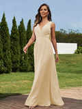 A-Line/Princess Chiffon Ruched V-neck Sleeveless Floor-Length Bridesmaid Dresses Formal Evening Dress