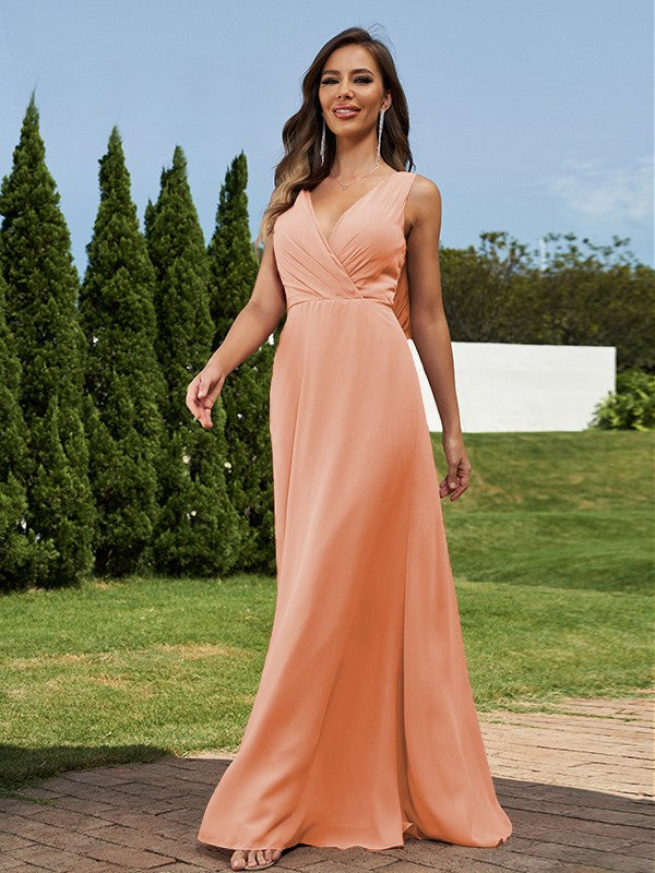 A-Line/Princess Chiffon Ruched V-neck Sleeveless Floor-Length Bridesmaid Dresses Formal Evening Dress