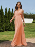 A-Line/Princess Chiffon Ruched V-neck Sleeveless Floor-Length Bridesmaid Dresses Formal Evening Dress