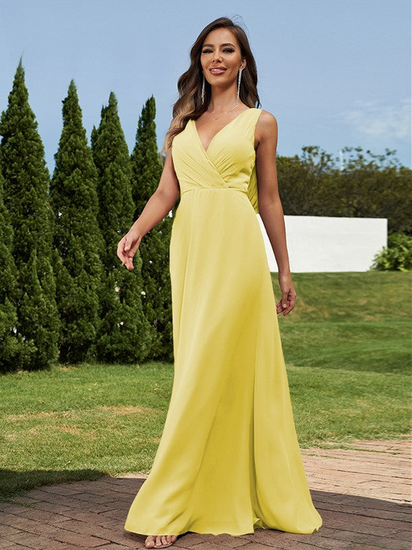 A-Line/Princess Chiffon Ruched V-neck Sleeveless Floor-Length Bridesmaid Dresses Formal Evening Dress