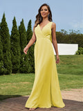 A-Line/Princess Chiffon Ruched V-neck Sleeveless Floor-Length Bridesmaid Dresses Formal Evening Dress