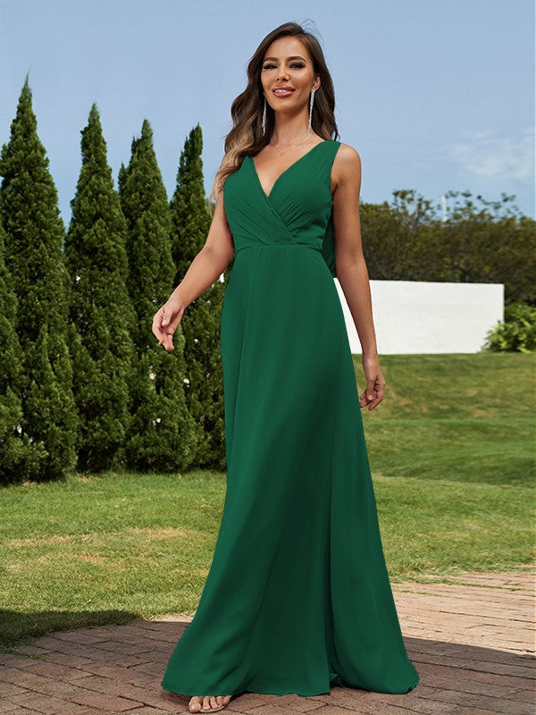 A-Line/Princess Chiffon Ruched V-neck Sleeveless Floor-Length Bridesmaid Dresses Formal Evening Dress