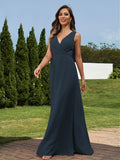 A-Line/Princess Chiffon Ruched V-neck Sleeveless Floor-Length Bridesmaid Dresses Formal Evening Dress
