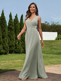 A-Line/Princess Chiffon Ruched V-neck Sleeveless Floor-Length Bridesmaid Dresses Formal Evening Dress