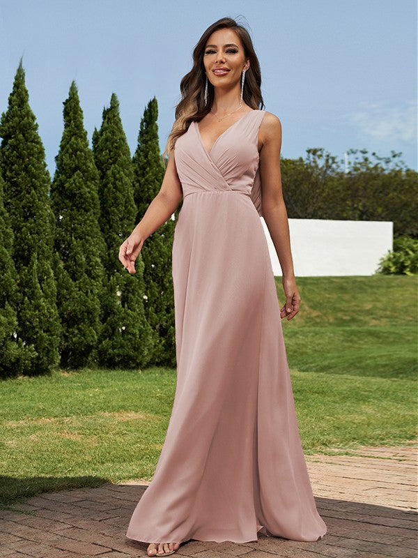 A-Line/Princess Chiffon Ruched V-neck Sleeveless Floor-Length Bridesmaid Dresses Formal Evening Dress