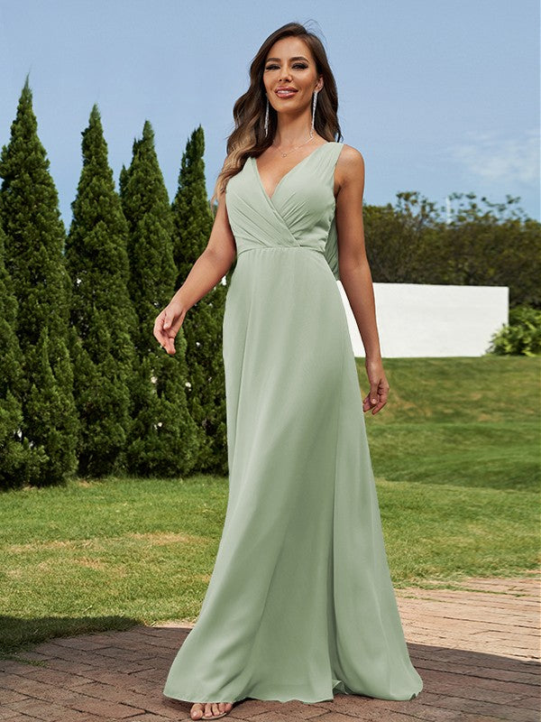 A-Line/Princess Chiffon Ruched V-neck Sleeveless Floor-Length Bridesmaid Dresses Formal Evening Dress