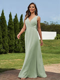 A-Line/Princess Chiffon Ruched V-neck Sleeveless Floor-Length Bridesmaid Dresses Formal Evening Dress
