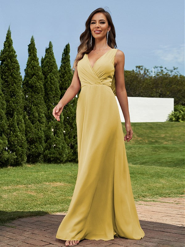 A-Line/Princess Chiffon Ruched V-neck Sleeveless Floor-Length Bridesmaid Dresses Formal Evening Dress