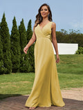 A-Line/Princess Chiffon Ruched V-neck Sleeveless Floor-Length Bridesmaid Dresses Formal Evening Dress