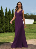 A-Line/Princess Chiffon Ruched V-neck Sleeveless Floor-Length Bridesmaid Dresses Formal Evening Dress
