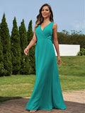 A-Line/Princess Chiffon Ruched V-neck Sleeveless Floor-Length Bridesmaid Dresses Formal Evening Dress