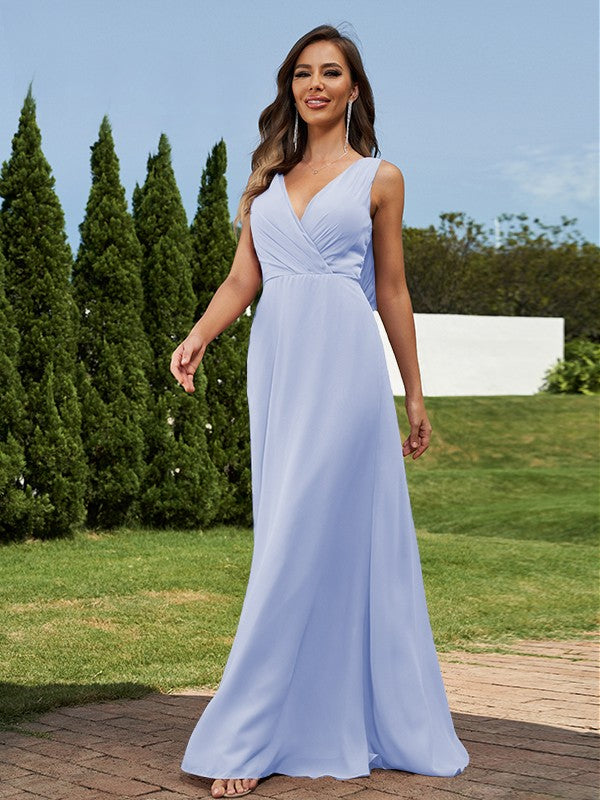 A-Line/Princess Chiffon Ruched V-neck Sleeveless Floor-Length Bridesmaid Dresses Formal Evening Dress