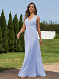 A-Line/Princess Chiffon Ruched V-neck Sleeveless Floor-Length Bridesmaid Dresses Formal Evening Dress
