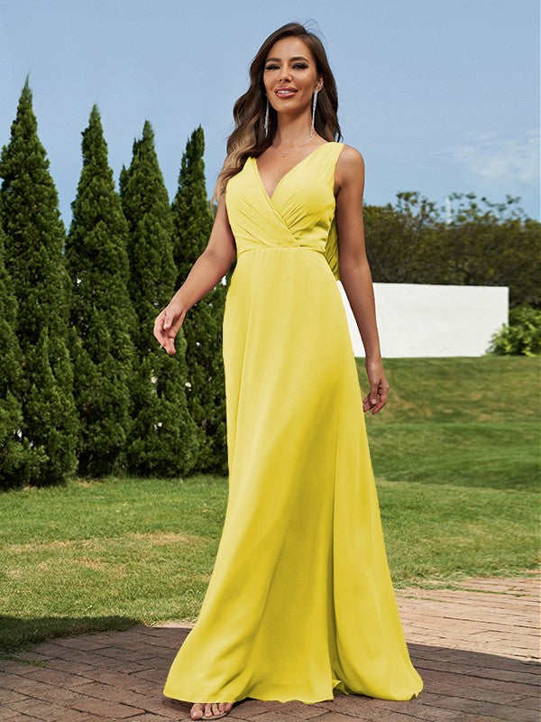 A-Line/Princess Chiffon Ruched V-neck Sleeveless Floor-Length Bridesmaid Dresses Formal Evening Dress