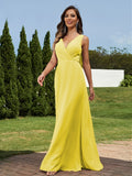 A-Line/Princess Chiffon Ruched V-neck Sleeveless Floor-Length Bridesmaid Dresses Formal Evening Dress