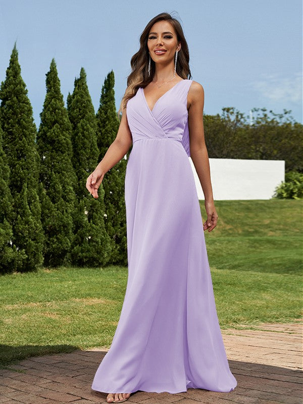 A-Line/Princess Chiffon Ruched V-neck Sleeveless Floor-Length Bridesmaid Dresses Formal Evening Dress