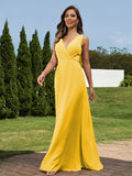 A-Line/Princess Chiffon Ruched V-neck Sleeveless Floor-Length Bridesmaid Dresses Formal Evening Dress