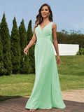 A-Line/Princess Chiffon Ruched V-neck Sleeveless Floor-Length Bridesmaid Dresses Formal Evening Dress
