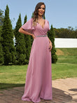 A-Line/Princess Chiffon Sash/Ribbon/Belt V-neck Short Sleeves Floor-Length Bridesmaid Dresses Evening Dress