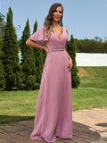 A-Line/Princess Chiffon Sash/Ribbon/Belt V-neck Short Sleeves Floor-Length Bridesmaid Dresses Evening Dress