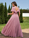 A-Line/Princess Chiffon Sash/Ribbon/Belt V-neck Short Sleeves Floor-Length Bridesmaid Dresses Evening Dress