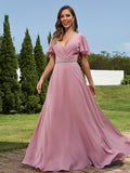 A-Line/Princess Chiffon Sash/Ribbon/Belt V-neck Short Sleeves Floor-Length Bridesmaid Dresses Evening Dress