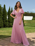 A-Line/Princess Chiffon Sash/Ribbon/Belt V-neck Short Sleeves Floor-Length Bridesmaid Dresses Evening Dress