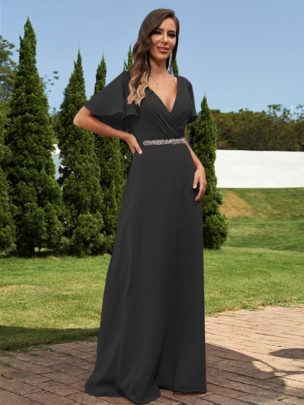 A-Line/Princess Chiffon Sash/Ribbon/Belt V-neck Short Sleeves Floor-Length Bridesmaid Dresses Evening Dress