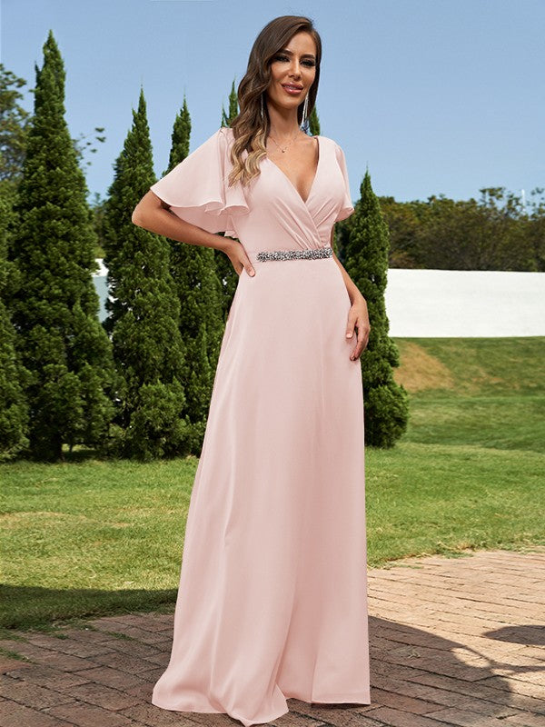 A-Line/Princess Chiffon Sash/Ribbon/Belt V-neck Short Sleeves Floor-Length Bridesmaid Dresses Evening Dress
