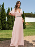 A-Line/Princess Chiffon Sash/Ribbon/Belt V-neck Short Sleeves Floor-Length Bridesmaid Dresses Evening Dress