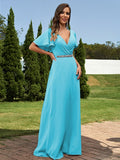 A-Line/Princess Chiffon Sash/Ribbon/Belt V-neck Short Sleeves Floor-Length Bridesmaid Dresses Evening Dress
