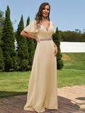 A-Line/Princess Chiffon Sash/Ribbon/Belt V-neck Short Sleeves Floor-Length Bridesmaid Dresses Evening Dress