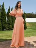 A-Line/Princess Chiffon Sash/Ribbon/Belt V-neck Short Sleeves Floor-Length Bridesmaid Dresses Evening Dress