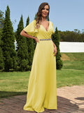 A-Line/Princess Chiffon Sash/Ribbon/Belt V-neck Short Sleeves Floor-Length Bridesmaid Dresses Evening Dress
