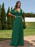 A-Line/Princess Chiffon Sash/Ribbon/Belt V-neck Short Sleeves Floor-Length Bridesmaid Dresses Evening Dress