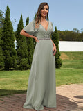 A-Line/Princess Chiffon Sash/Ribbon/Belt V-neck Short Sleeves Floor-Length Bridesmaid Dresses Evening Dress