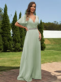 A-Line/Princess Chiffon Sash/Ribbon/Belt V-neck Short Sleeves Floor-Length Bridesmaid Dresses Evening Dress