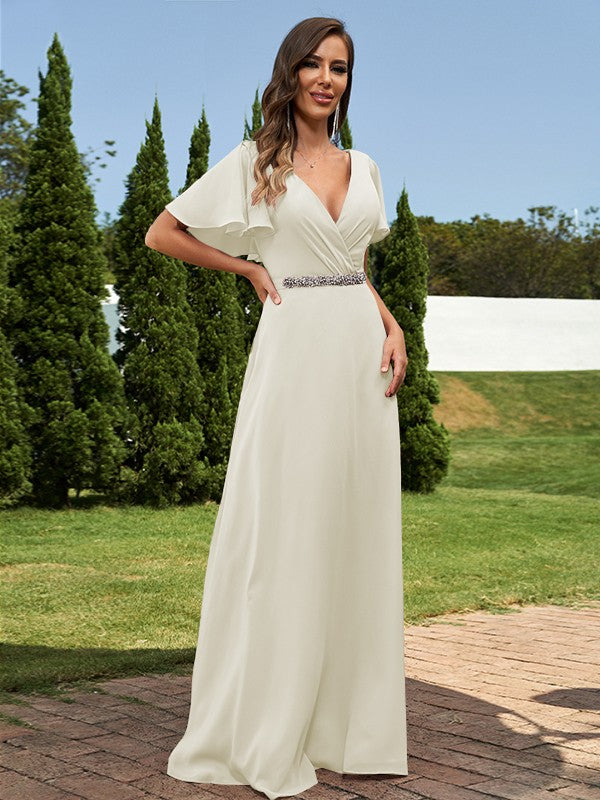 A-Line/Princess Chiffon Sash/Ribbon/Belt V-neck Short Sleeves Floor-Length Bridesmaid Dresses Evening Dress