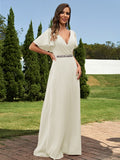 A-Line/Princess Chiffon Sash/Ribbon/Belt V-neck Short Sleeves Floor-Length Bridesmaid Dresses Evening Dress