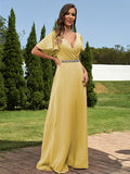 A-Line/Princess Chiffon Sash/Ribbon/Belt V-neck Short Sleeves Floor-Length Bridesmaid Dresses Evening Dress