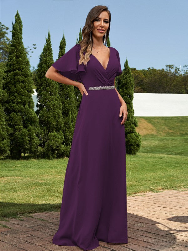 A-Line/Princess Chiffon Sash/Ribbon/Belt V-neck Short Sleeves Floor-Length Bridesmaid Dresses Evening Dress