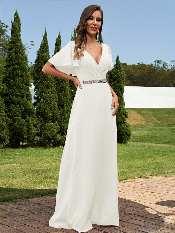 A-Line/Princess Chiffon Sash/Ribbon/Belt V-neck Short Sleeves Floor-Length Bridesmaid Dresses Evening Dress