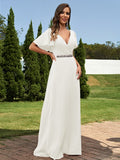 A-Line/Princess Chiffon Sash/Ribbon/Belt V-neck Short Sleeves Floor-Length Bridesmaid Dresses Evening Dress
