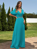 A-Line/Princess Chiffon Sash/Ribbon/Belt V-neck Short Sleeves Floor-Length Bridesmaid Dresses Evening Dress