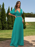 A-Line/Princess Chiffon Sash/Ribbon/Belt V-neck Short Sleeves Floor-Length Bridesmaid Dresses Evening Dress