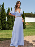 A-Line/Princess Chiffon Sash/Ribbon/Belt V-neck Short Sleeves Floor-Length Bridesmaid Dresses Evening Dress
